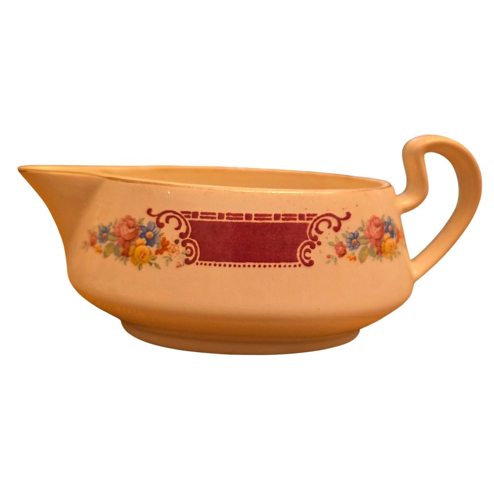 Homer Laughlin Vintage 1946 Floral Maroon Majestic‎ Brittany Gravy Boat Ceramic
